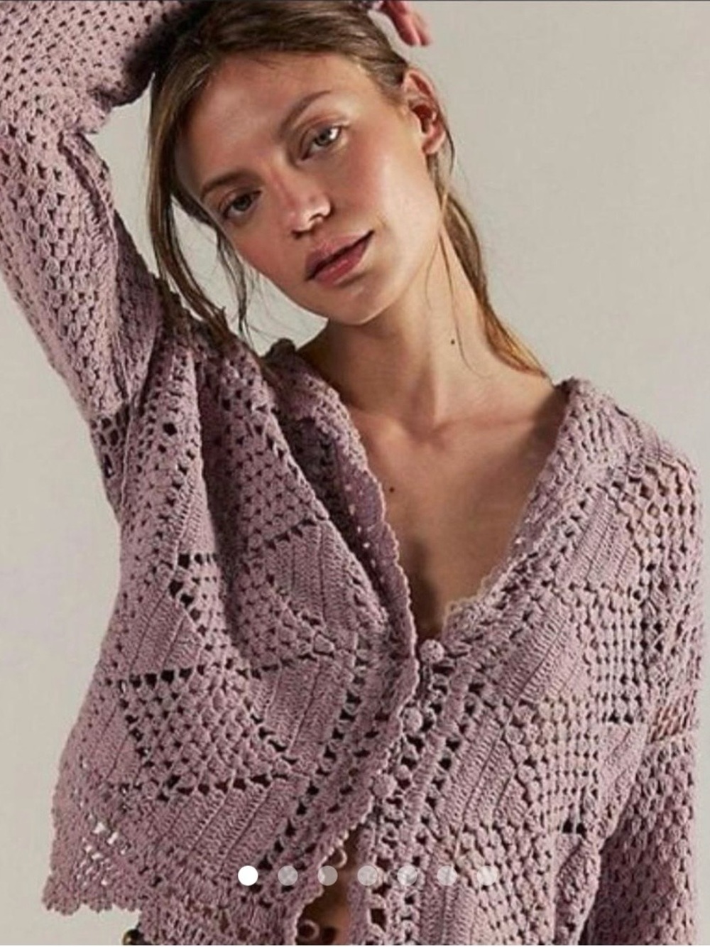 Free People/ We The Free Lavender Crochet V‑Neck Button Cardigan Size Large - Picture 2 of 6